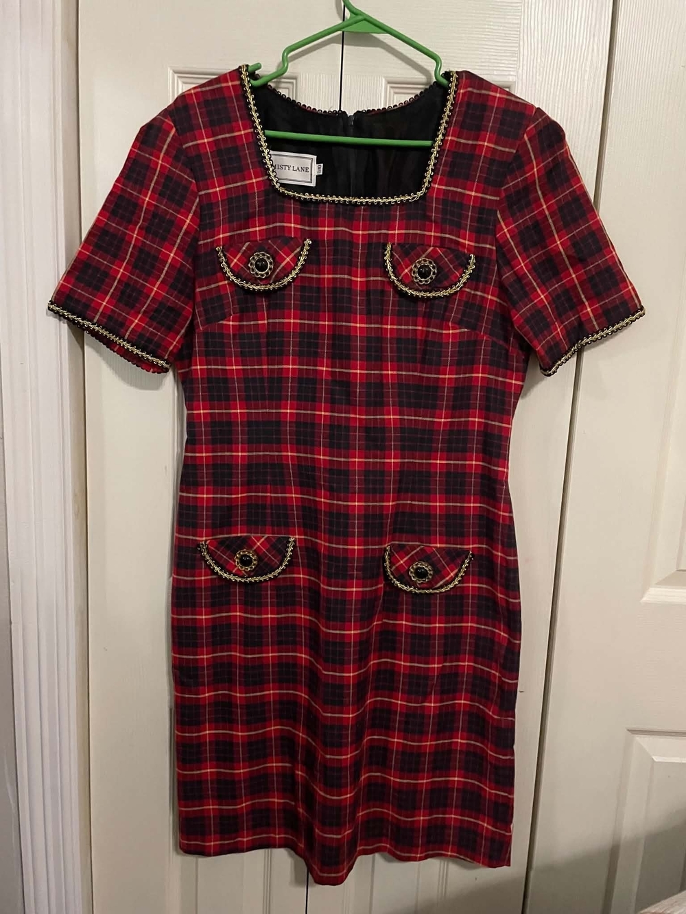 Red Plaid Short-Sleeve Midi Dress with Gold Trim
